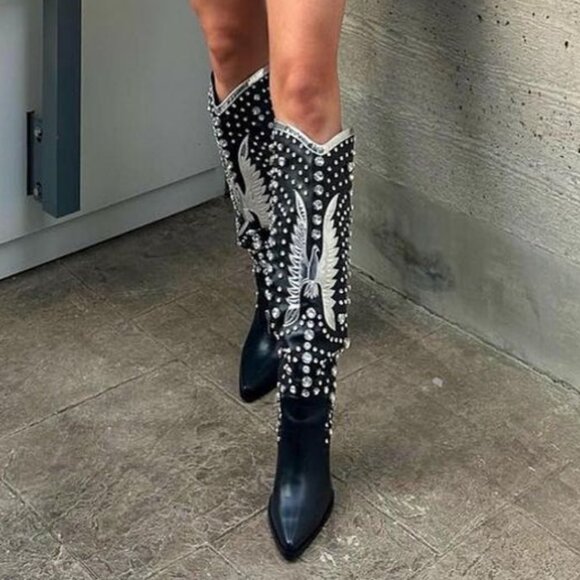 AZALEA WANG Upbeat Black Jeweled Rhinestone Tall Western Cowboy Boots 7-11 NWT - Picture 2 of 14